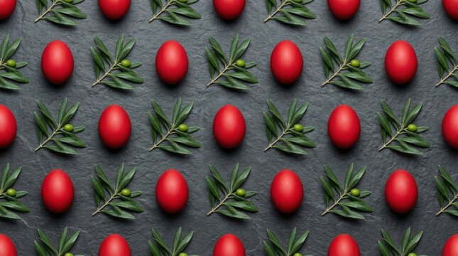 Seamless pattern of bright red eggs nestled with fresh green rosemary sprigs on a dark textured slate background, photography for Easter decor, spring celebration, and food styling