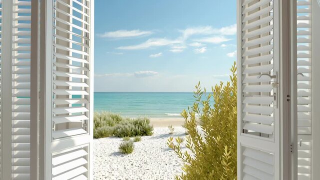 Open white shutters and pastel curtains frame aesthetic beach scene with sea sky sand and soft sunlight revealing peaceful coastal view