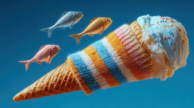 Soft-serve ice cream growing out of a wool sock, floating chrome fish beside it, solid electric blue background, crazy vibrant surreal art 