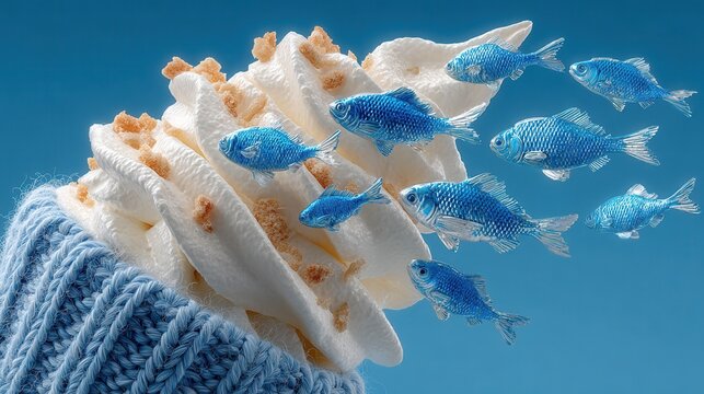 Soft-serve ice cream growing out of a wool sock, floating chrome fish beside it, solid electric blue background, crazy vibrant surreal art 