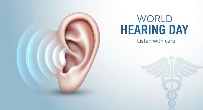 World Hearing Day Illustration with Human Ear, Sound Waves, Caduceus and "Listen with care" Text