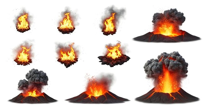 Intense Volcano Eruptions, Fiery Bursts, and Smoky Elements for Dynamic Visuals and Graphic Design