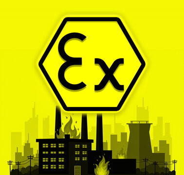 ATEX directive regulation (Equipment intended for use in explosive atmospheres) sign above factory warehouse on fire clipart
