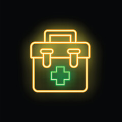 Obraz premium Glowing neon line first aid kit icon isolated on black background. Emergency medical box. Healthcare concept. Vector illustration