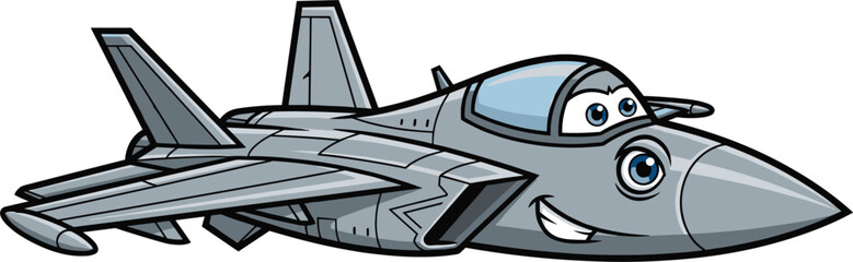 Fast Cartoon Fighter Jet Mascot Character With Smiling Face And Big Blue Eyes For Aviation Education Military Air Force Or Aerospace Technology Concept Vector Illustration © Shuvo's World