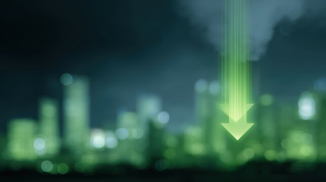 Carbon emission reduction concept, glowing arrows pointing down over clean green cityscape