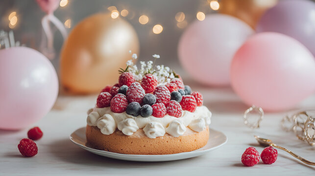 Delicious cake topped with fresh raspberries and blueberries, surrounded by pastel balloons, creating a festive atmosphere perfect for celebrations and special occasions