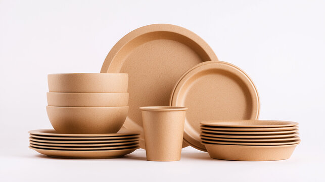 Eco-friendly tableware set featuring biodegradable plates, bowls, and cups arranged artistically on a clean background, highlighting sustainable dining solutions and modern design aesthetics