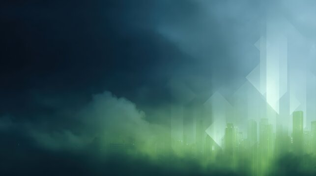 Carbon emission reduction concept, glowing arrows pointing down over clean green cityscape