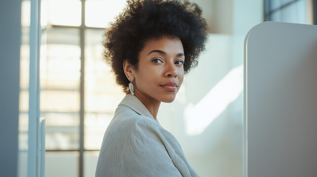 Young manager with an afro hairstyle sitting at her desk in a bright, luminous office, working intently on a computer while glancing over her shoulder with a focused expression