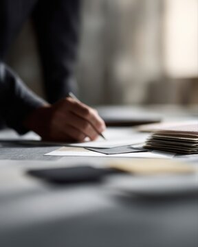 Architect interior designer working on hand drawn sketch, blueprint and material samples in design studio