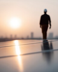 solar panel maintenance engineer on rooftop in modern city, installation and inspection of photovoltaic system, clean energy concept