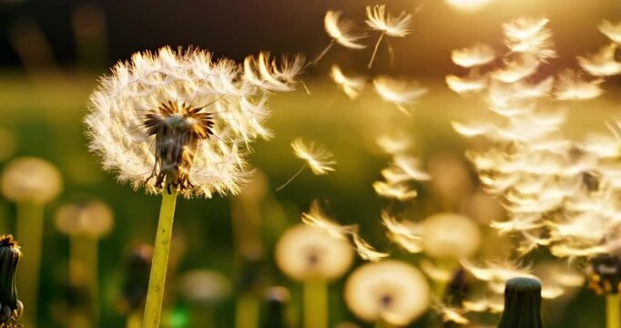Dandelion seeds blowing in wind.