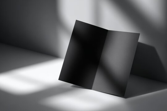 Black square Z-fold brochure mockup, minimalist studio lighting, clean shadow