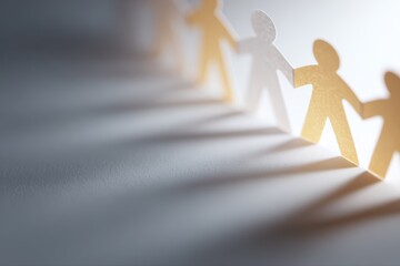 Paper people silhouettes standing on open hands, diversity inclusion equality concept, clean studio lighting