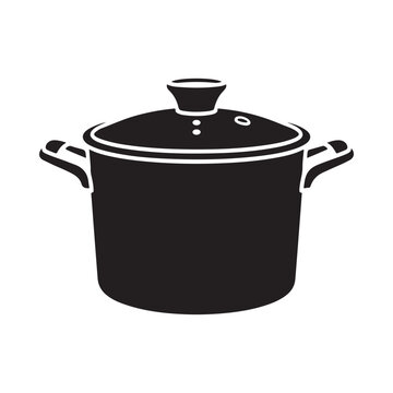 Simple black and white illustration of a cooking pot with handles and a lid