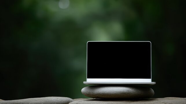 Laptop with blank screen balanced on stones outdoors among trees, nature versus work life balance metaphor