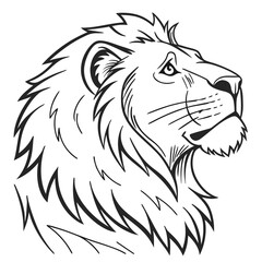 Obraz premium Detailed black and white line art illustration depicting the proud profile portrait of a majestic male lion with a prominent mane looking upward.