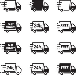 Delivery truck icons set. Fast delivery truck. Delivery service icons. Express shipping. Cargo van moving fast. Logistics trucking.