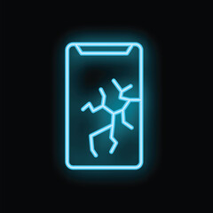 Neon blue light illuminating cracks on the screen of a smartphone on a black background