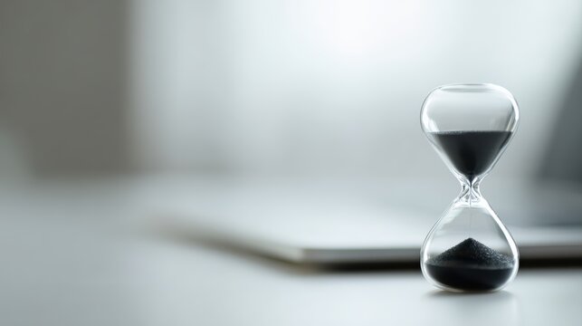 Hourglass placed on laptop computer, modern time management concept