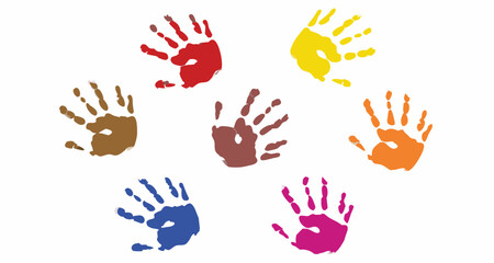 Obraz premium Colorful handprints arranged in a circular pattern on a plain background