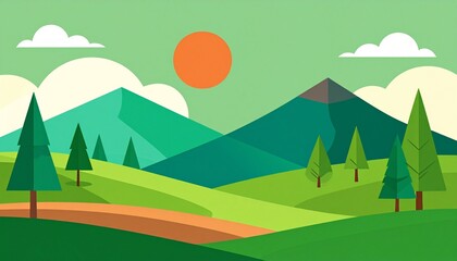 Sunset mountain landscape with orange sun and green forest in vibrant nature scene