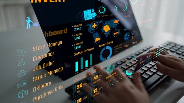 Inventory management dashboard showing supply chain performance, stock levels, order cycle times, cost reduction, and procurement ROI. Inventory tracking, and streamline warehouse efficiency. Thunk