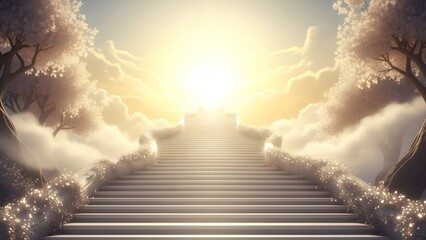 A serene staircase ascends to a radiant heavenly light surrounded by lush trees and clouds