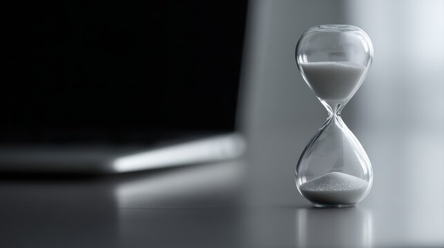 Hourglass placed on laptop computer, modern time management concept