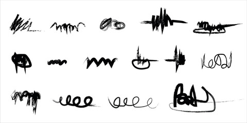 Obraz premium Collection of abstract black ink strokes on white background forming various shapes and patterns