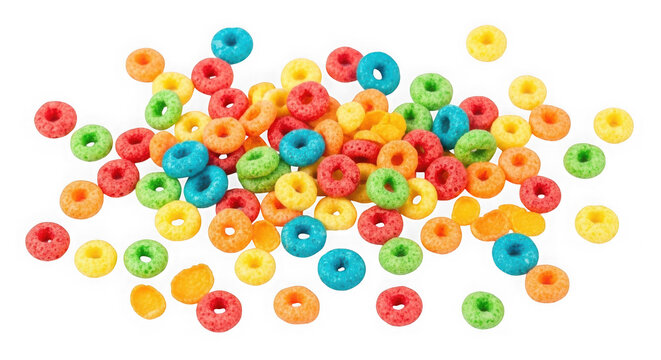 Colorful froot loops cereal pieces scattered isolated on transparent background