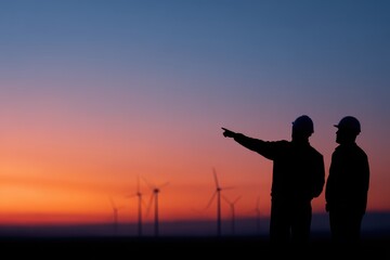 Fototapeta premium engineers pointing at wind turbines during sunset, collaboration for low carbon power