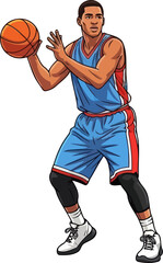 Naklejka premium Focused basketball player in blue uniform holding ball firmly while scanning the court for teammates