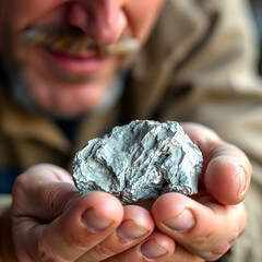 crude nugget of silver stone, manganese or palladium. Mining man holding ore in his hands. Spot focus.