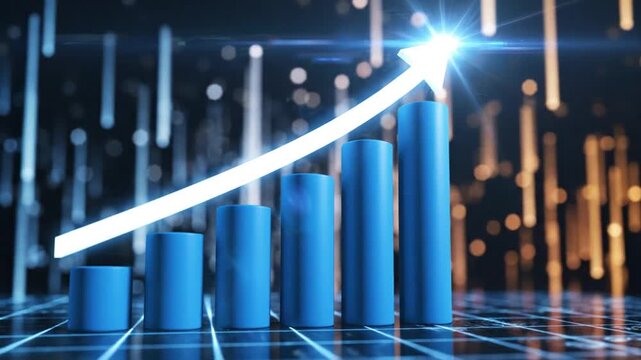Graphical representation of a bar chart showing upward trend with increasing bars and a white arrow pointing towards success in a futuristic setting
