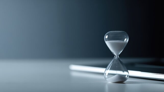 Hourglass placed on laptop computer, modern time management concept