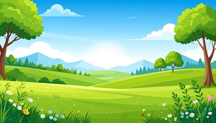 Obraz premium Lush green meadow with tall trees under bright blue sky summer landscape nature scenery
