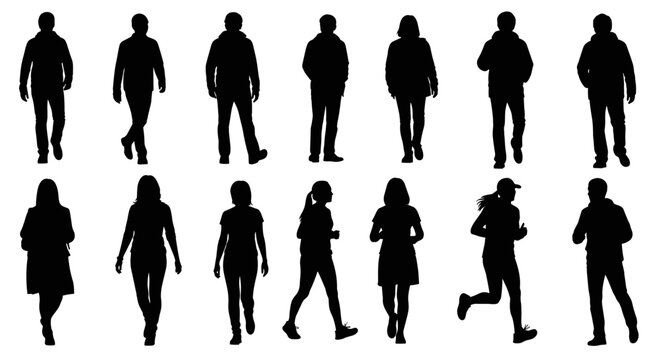 Silhouettes of people walking and running captured in a clean, minimalist style, showcasing diverse poses and body types in a top-down perspective