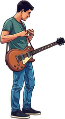 Obraz premium Talented young musician adjusting his electric guitar strap before a creative studio rehearsal session