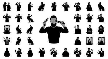 A visually striking collection of diverse illustrations depicting various barbering techniques and hairstyles, showcasing professional grooming and personal care
