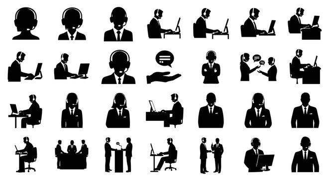 Dynamic collection of professional business and customer support silhouette icons representing collaboration, digital workflow, and essential client communication services for modern enterprises