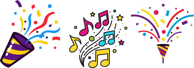 Obraz premium Festive party poppers exploding with colorful confetti and musical notes for events