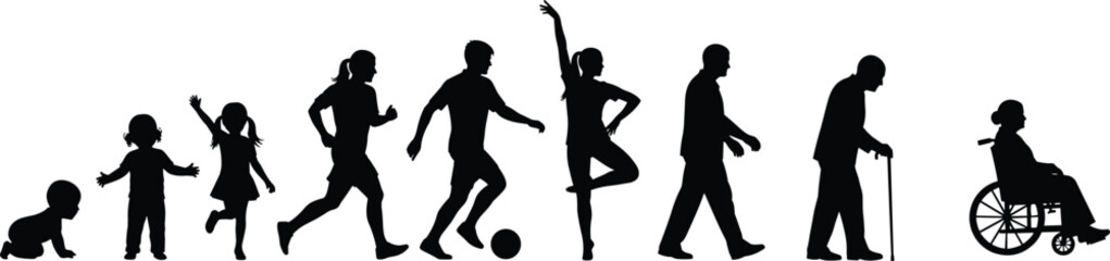Silhouette illustration of human life stages from baby to elderly, progression showing childhood, adulthood, aging, vector artwork representing development and growth