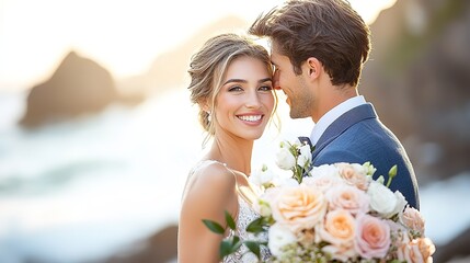Newlywed couple embracing at seaside during sunset