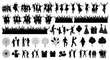 Diverse collection of silhouette icons representing celebration, joy, and various activities, perfect for graphic design and event planning projects