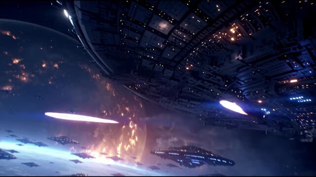 Epic Space Battle Scene with Explosions and Spaceships in a Distant Galaxy.