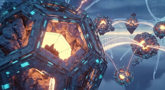 Futuristic abstract geometric structure with glowing blue lights and energy connections.