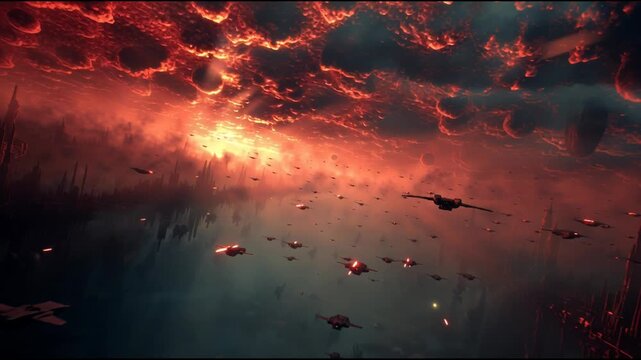 Epic Space Battle with Spaceships and Fiery Nebula.