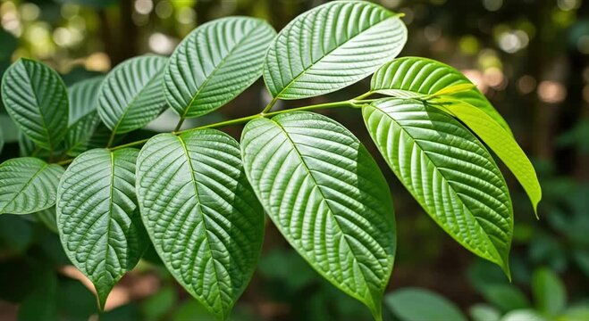 Close-up of vibrant green Kratom leaves with intricate vein patterns, set against a blurred natural background.